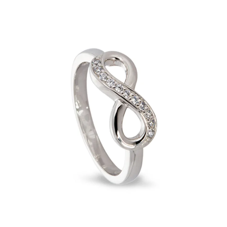 Ladies rings circular stone band -Platinum Finish Sterling Silver Micropave Infinity Ring with Simulated Diamonds