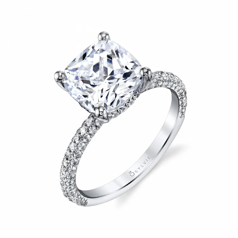 Ladies engagement rings art glow -Sylvie Cushion Cut Solitaire Engagement Ring With Pave Diamonds S1633-CU