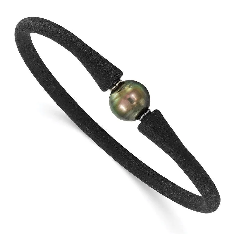 ladies bracelets polishing-Stainless Steel Chisel and Silicone 10-11mm Tahitian Pearl Bracelet