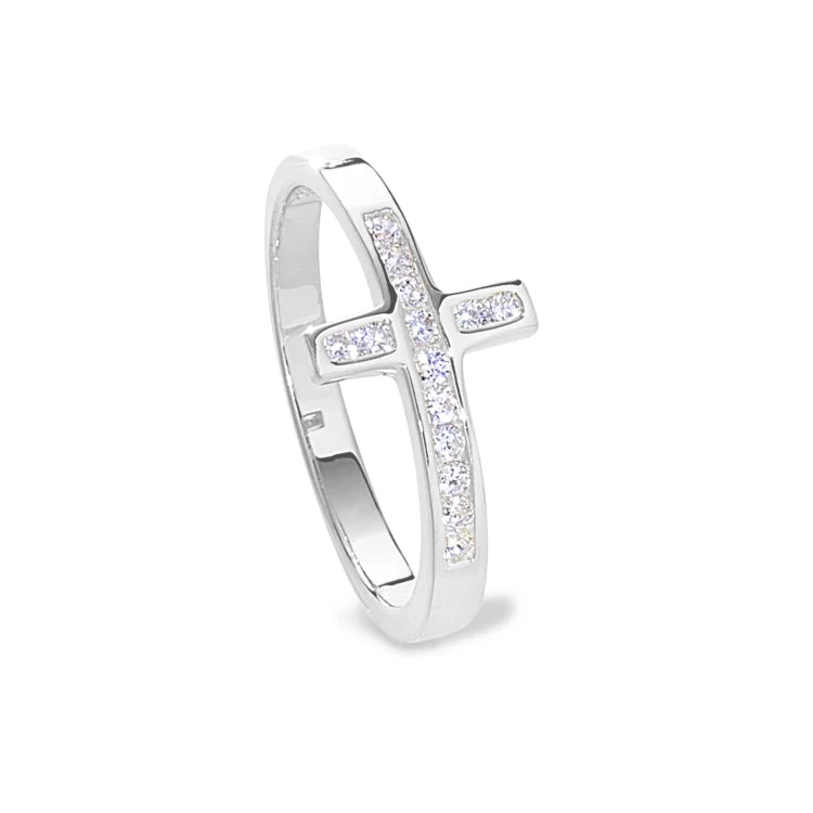 Ladies rings weave glow -Platinum Finish Sterling Silver Micropave Cross Ring with Simulated Diamonds - size 10