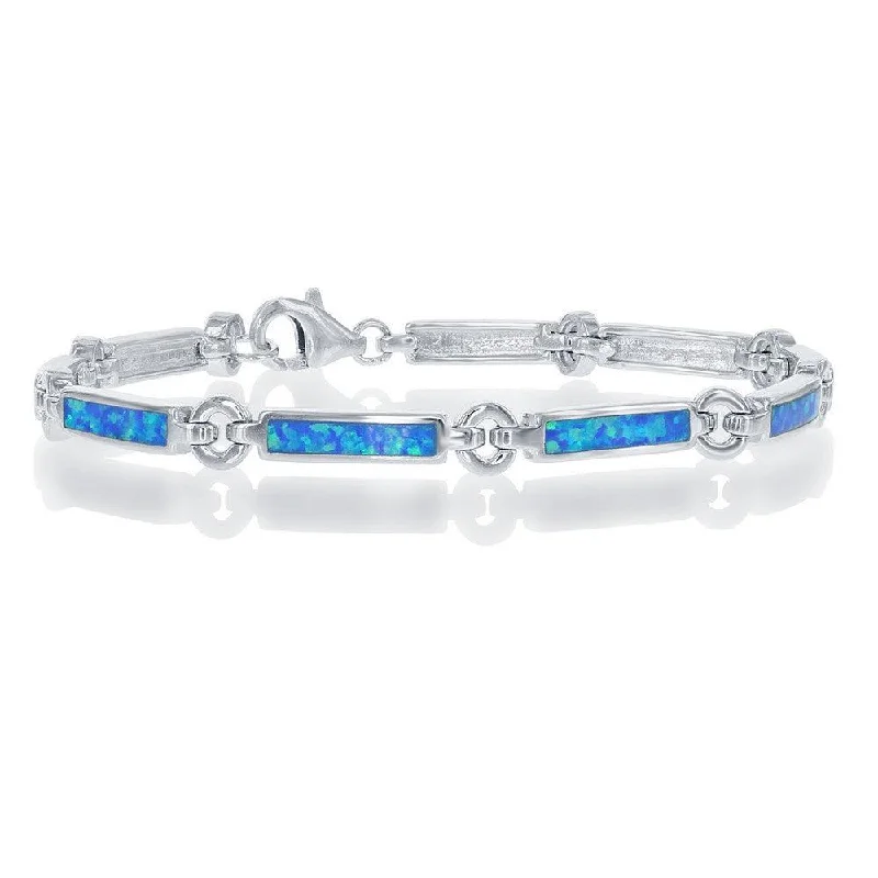 ladies bracelets beaded-Sterling Silver Blue Inlay Opal Bars and Silver Circles Bracelet