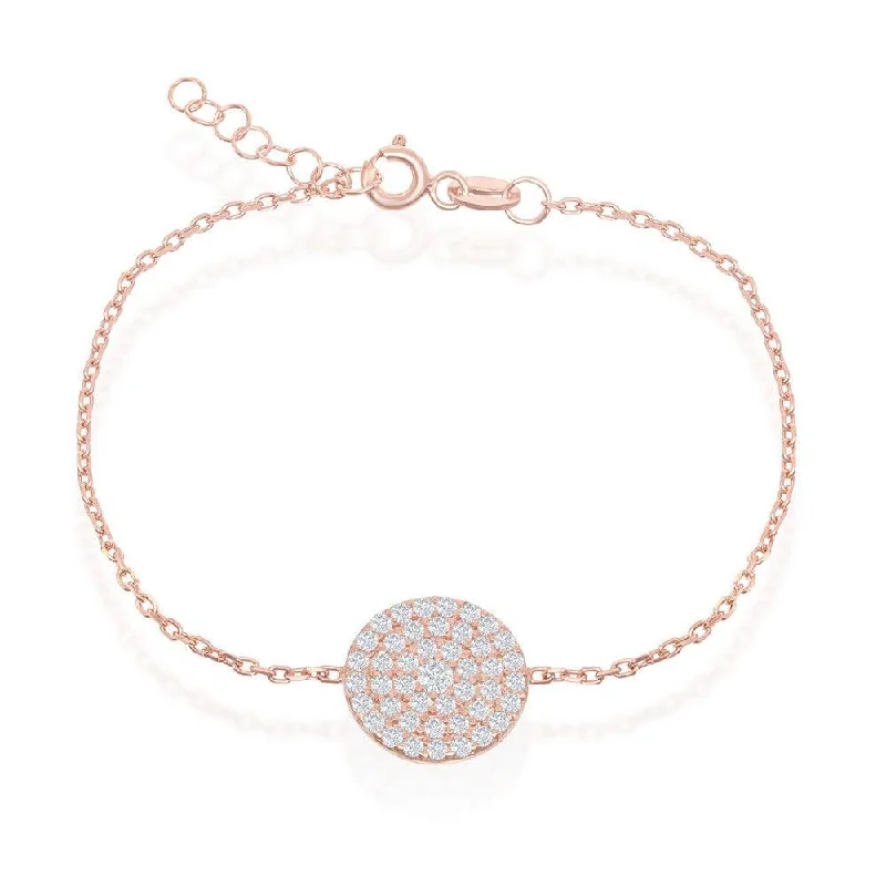 ladies bracelets romantic-Sterling Silver Rose Gold Plated Round CZ Disc Bracelet, 6"