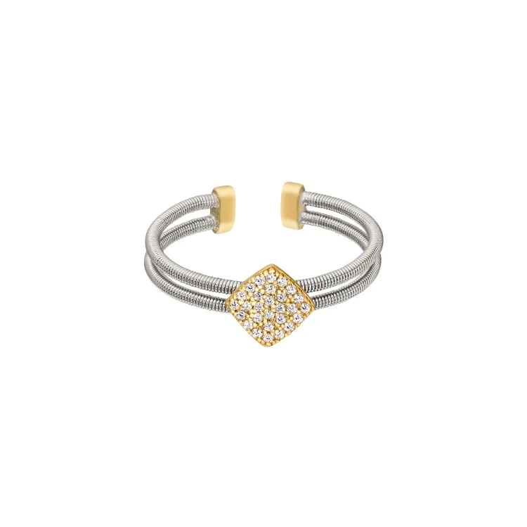 Ladies rings next shine -Rhodium Finish Sterling Silver Two Cable Cuff Ring with Gold Finish Simulated Diamond Large Diamond Shape