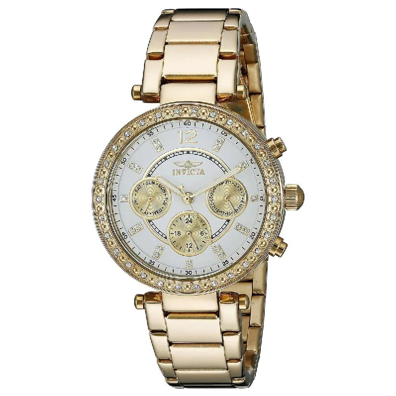 ladies bracelets mixed metal-Invicta 21387 Women's Yellow Steel Bracelet Quartz Angel Crystal White Dial Day-Date Watch