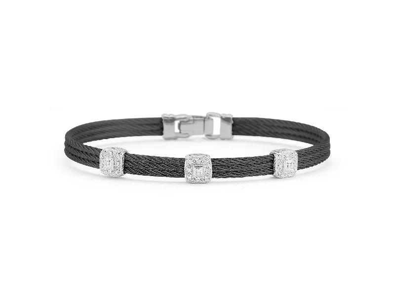 ladies bracelets sentimental-ALOR Black Cable Classic Stackable Bracelet with Triple Square Station set in 18kt White Gold