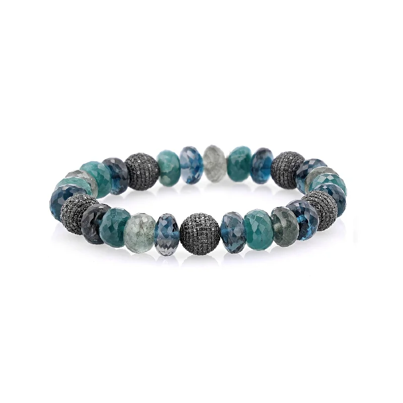 ladies bracelets sun-Blue Green Gemstone Mix Bracelet with 5 Black Diamond Pave Beads - 10mm  BB000063