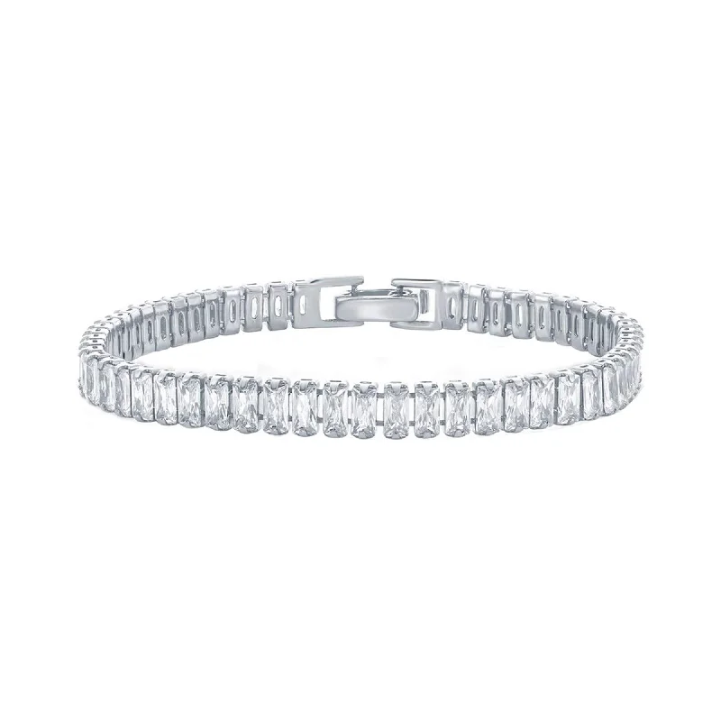 ladies bracelets retro design-Classic Women's Bracelet - Sterling Silver 6mm Baguette White CZ Tennis | T-8067