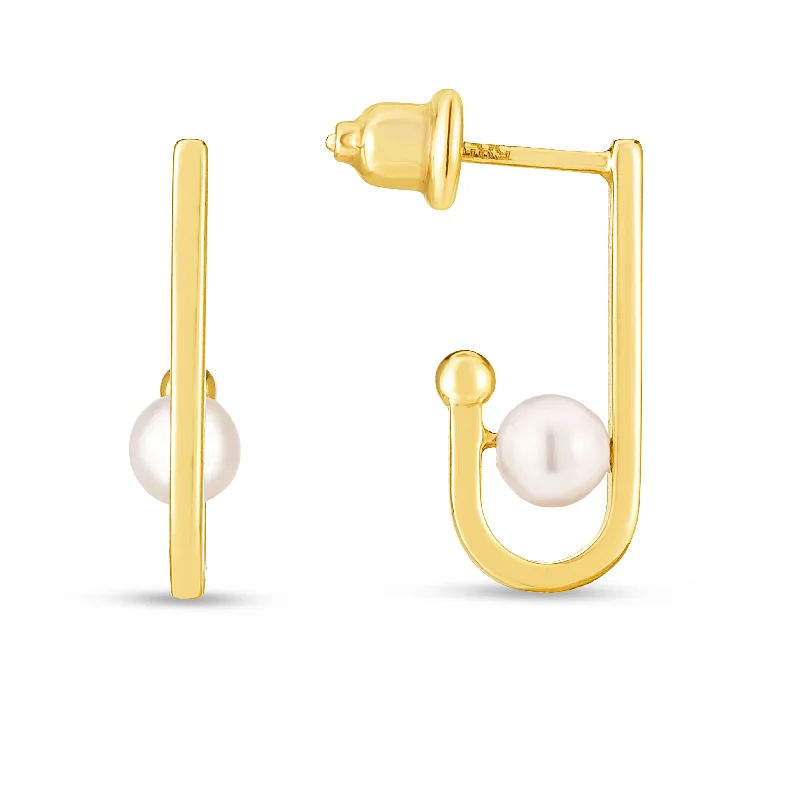 Ladies earrings bold modern glow -14K Gold J-Hoop Pearl Earring