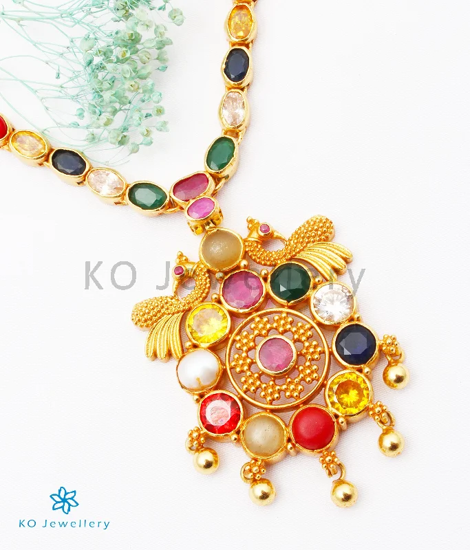 ladies necklaces premium-The Paritosh Silver Peacock Navaratna Necklace