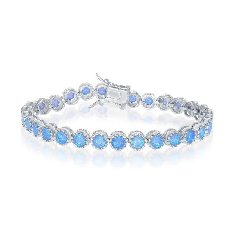 ladies bracelets upcycled-Sterling Silver Round Blue Inlay Opal with Beaded Border Bracelet