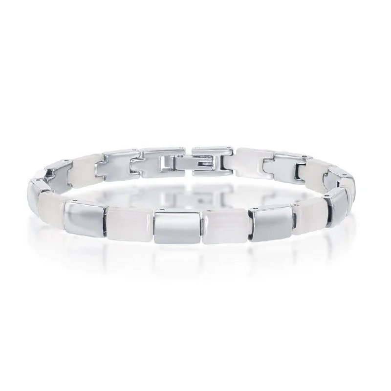 ladies bracelets office-Stainless Steel and White Ceramic Alternating Links bracelet, 7"