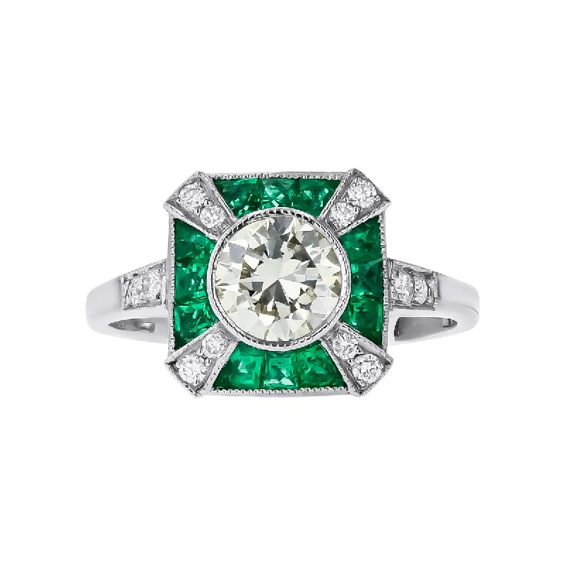 Ladies engagement rings cubic shine ring -Art Deco Style Diamond and Emerald Engagement Ring