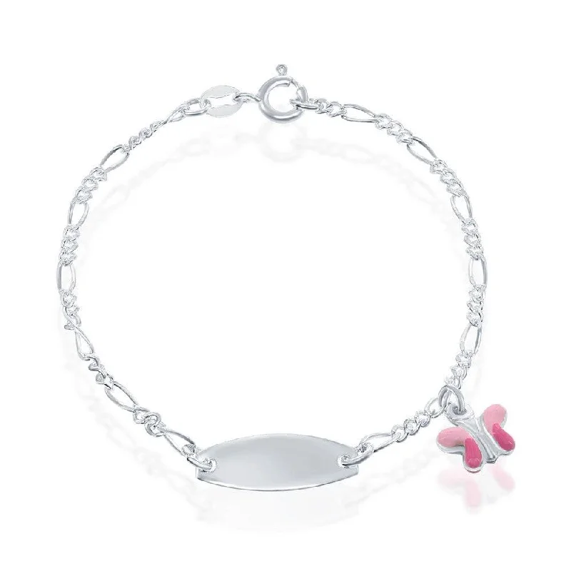 ladies bracelets vintage inspired-Sterling Silver Pink Butterfly Enamel Charm Kid-ID Bracelet, 6.5"