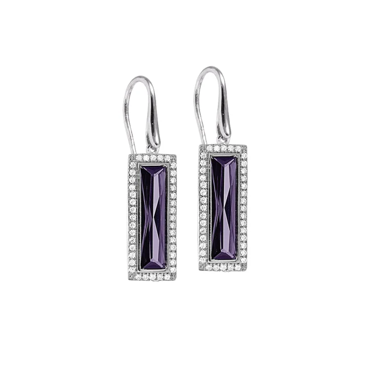 Ladies earrings zap glow -Gold Finish Sterling Silver Earrings with Rectangular Simulated Amethyst Stones and Simulated Diamonds