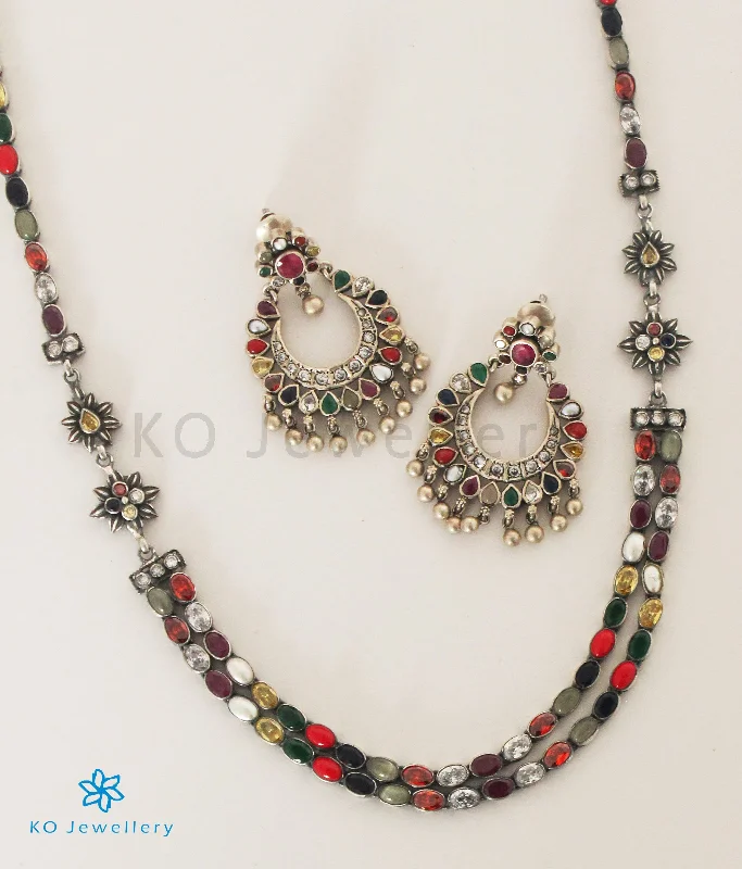 ladies necklaces white-The Meghana Silver Navaratna  Necklace(2 Layers/Oxidised)