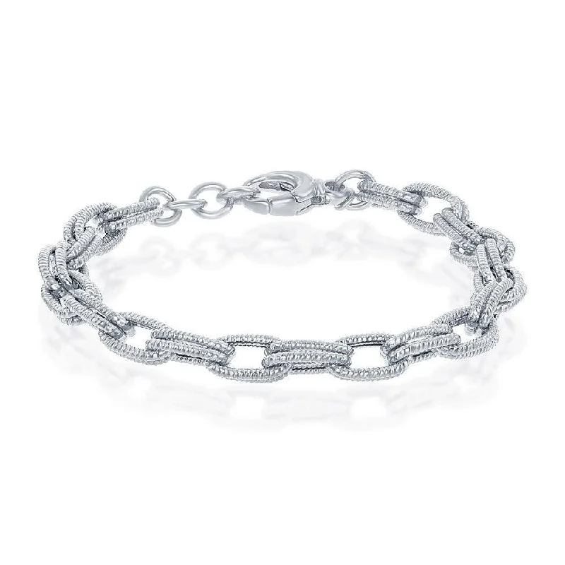 ladies bracelets black-Sterling Silver Rope Design Double Oval Linked Bracelet; MADE IN ITALY