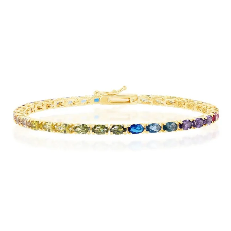 ladies bracelets cuff-Sterling Silver Gold Plated Oval Rainbow CZ Tennis Bracelet