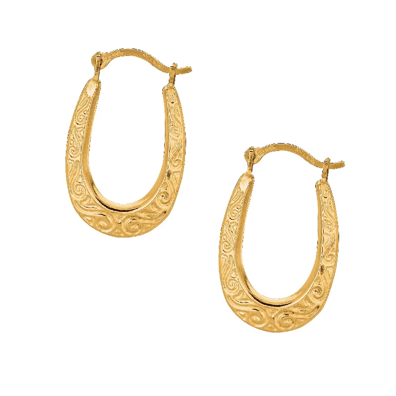 Ladies earrings fair charm -10K Gold Oval Scroll Pattern Hoop Earring