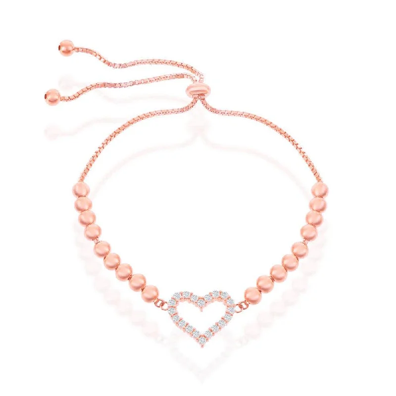 ladies bracelets upcycled-Sterling Silver CZ Heart Beaded Adjustable Bolo Bracelet - Rose Gold Plated