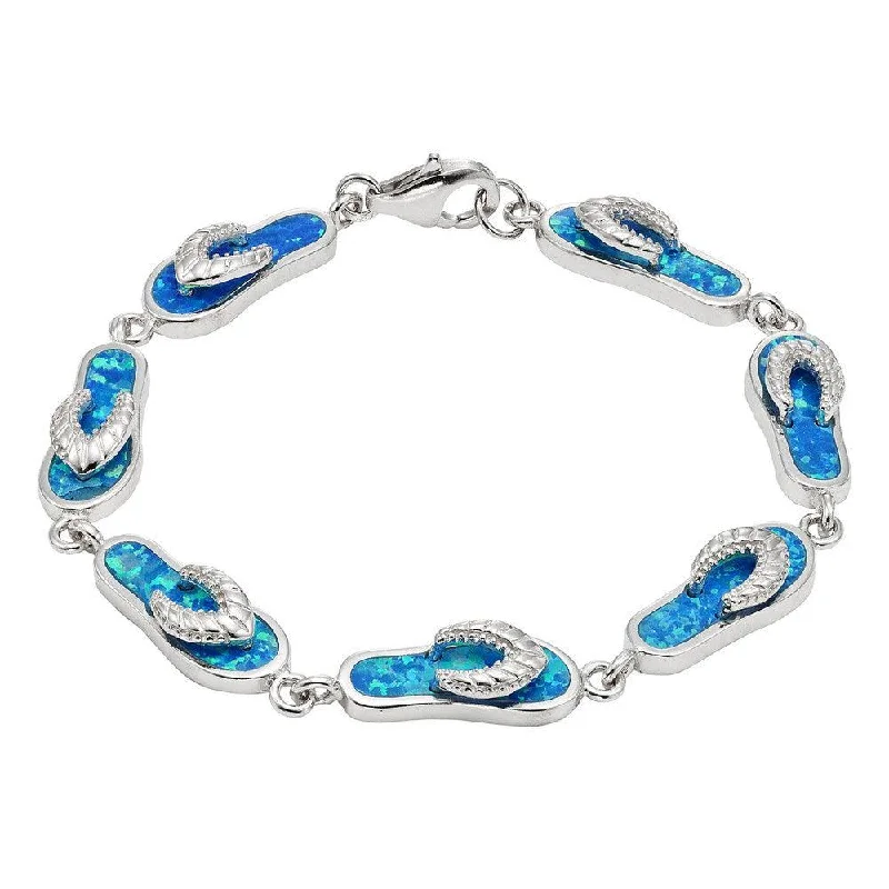 ladies bracelets vintage style-Sterling Silver Blue Inlay Opal Flip-Flop Link Bracelet, 7"