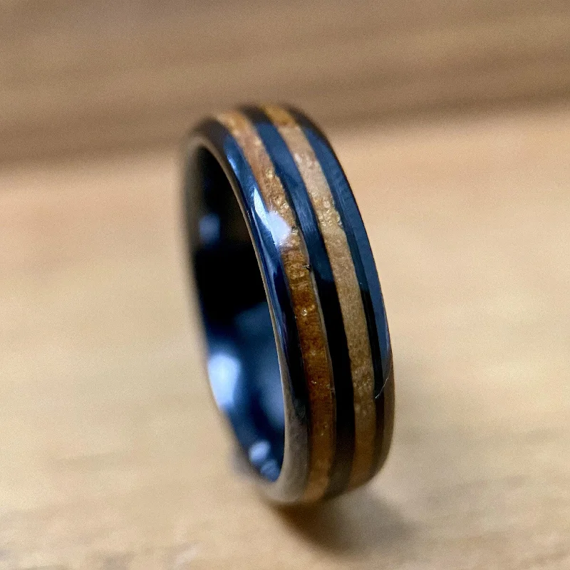 Ladies rings neat glow -“The Blue Grass Mini” 6mm Kentucky Straight Bourbon Whiskey Barrel Black Ceramic Ring