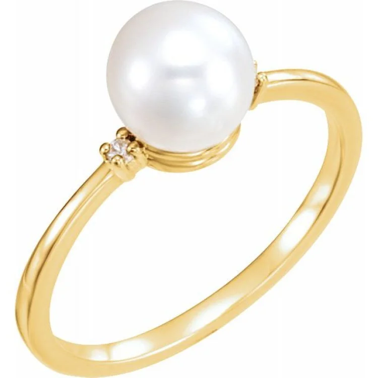 Ladies rings emerald luster -14K Yellow Cultured White Freshwater Pearl & .025 CTW Natural Diamond Ring