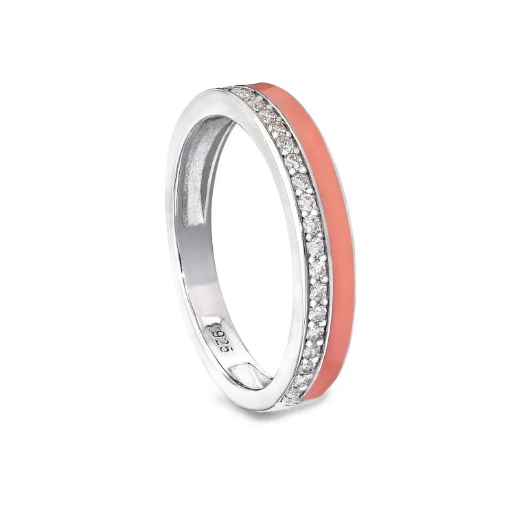 Ladies rings petal glow -Platinum Finish Sterling Silver Micropave Ring with with Coral Enamel and Simulated Diamondss