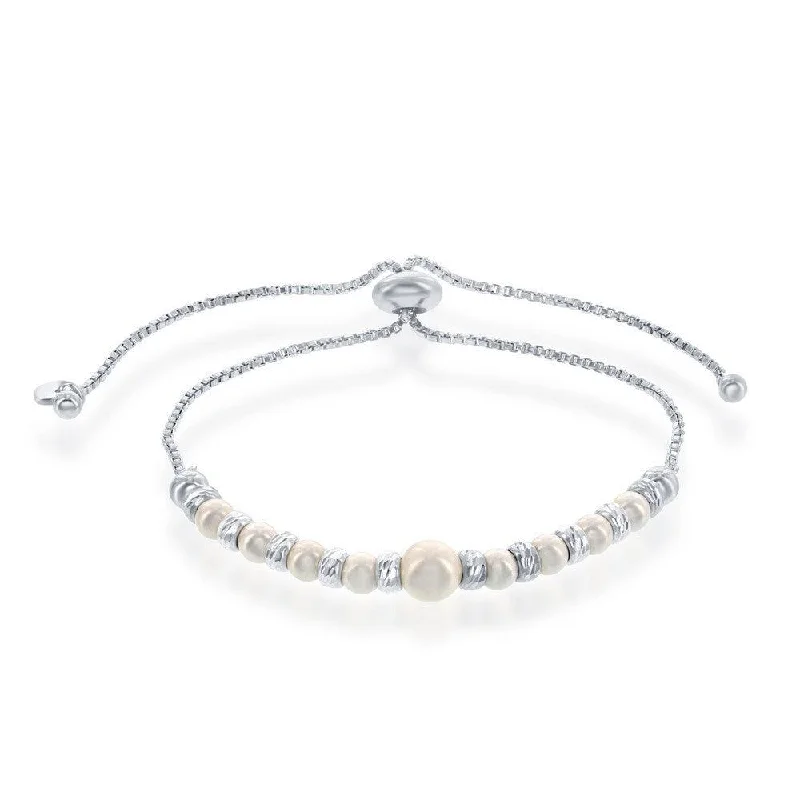 ladies bracelets floral-Sterling Silver Diamond Cut Beads and Pearls Adjustable Bracelet