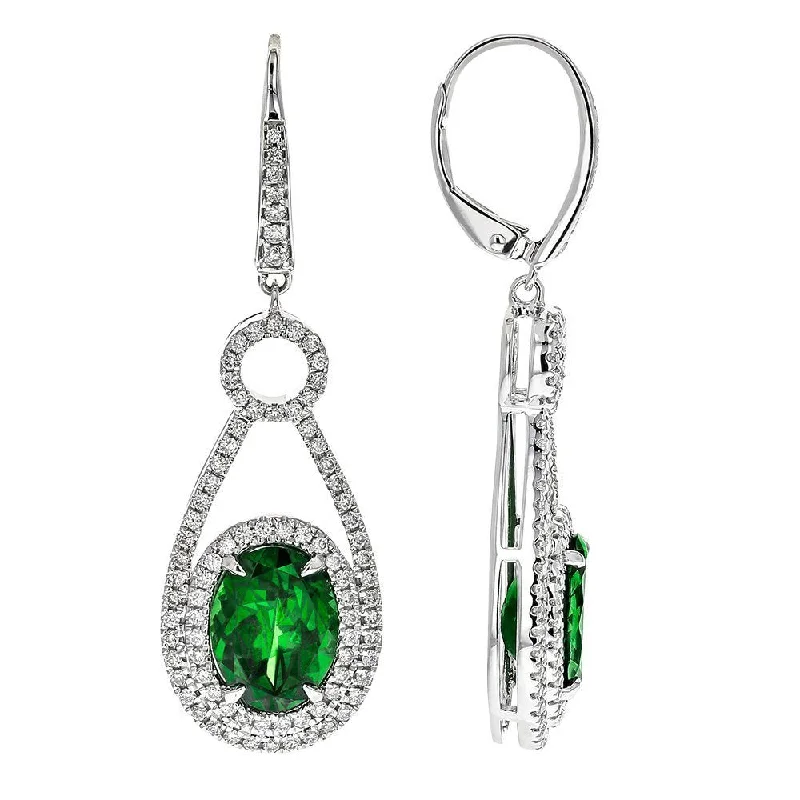 Ladies earrings round gem radiance -JULEVE 18KT WHITE GOLD TSAVORITE & DIAMOND DROP EARRINGS