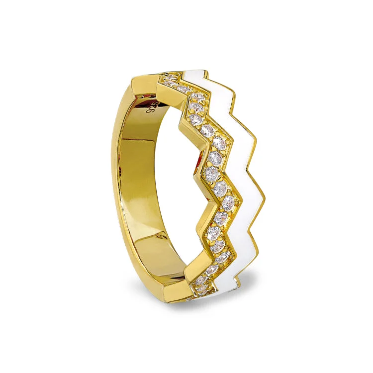 Ladies rings fame glow band -Gold Vermeil Sterling Silver Micropave Ring with with White Enamel and Simulated Diamondss