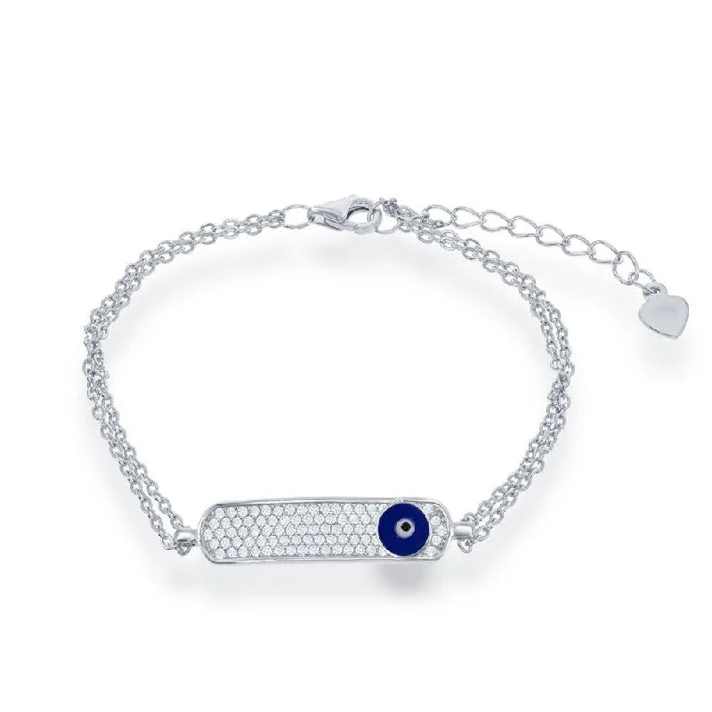 ladies bracelets chain-Sterling Silver Double Strand with Navy Evil Eye ID Bracelet, 6"