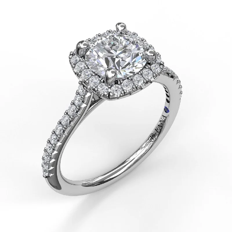 Ladies engagement rings nuptial shine -Fana Delicate Cushion Halo Engagement Ring With Pave Shank 3790