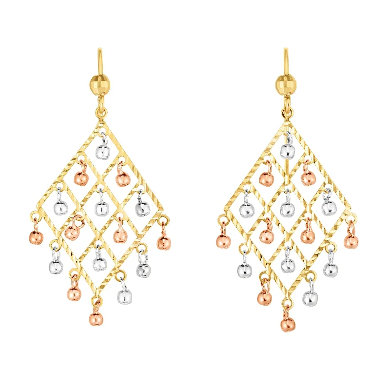 Ladies earrings halo gem shine -14K Tri-color Gold Bead Chandelier Earring