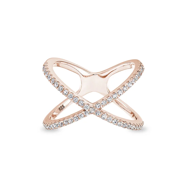 Ladies rings save charm -Rose Gold Finish Sterling Silver Micropave Criss-Cross Ring with Simulated Diamonds