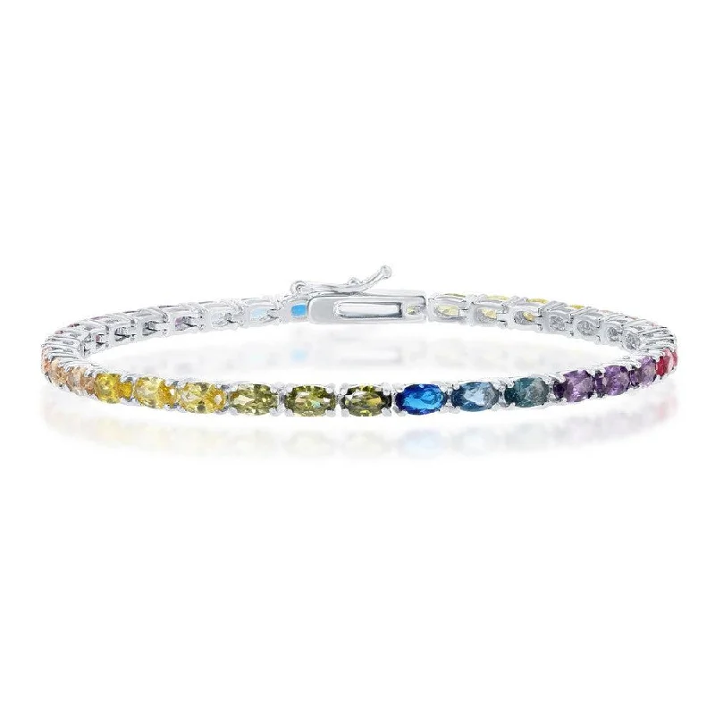 ladies bracelets online-Sterling Silver Oval Rainbow CZ Tennis Bracelet, 7.5"