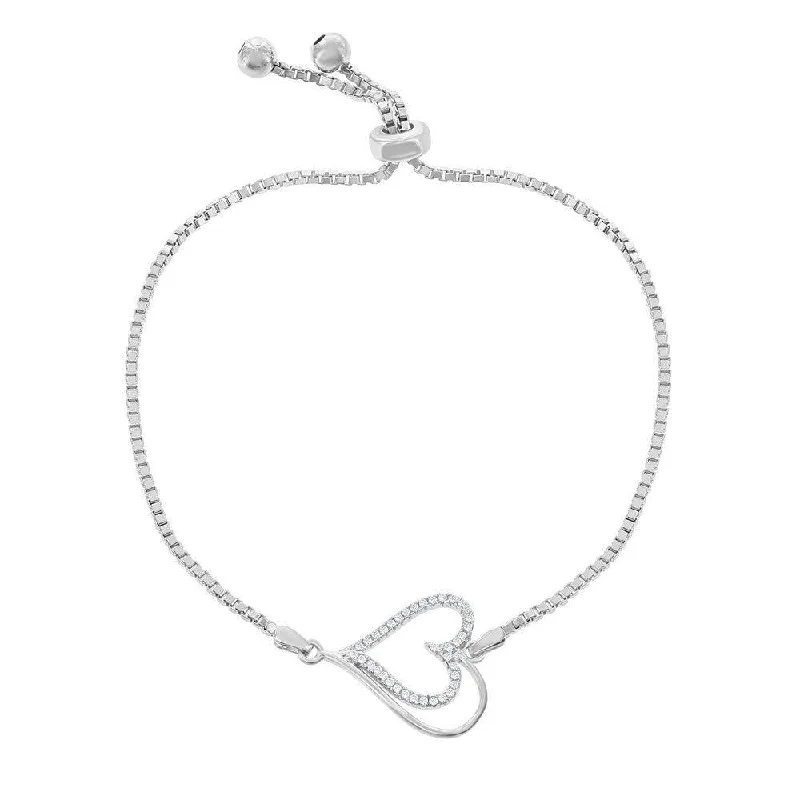 ladies bracelets sun-Sterling Silver Center Open CZ Heart and Beads Box Chain Bracelet