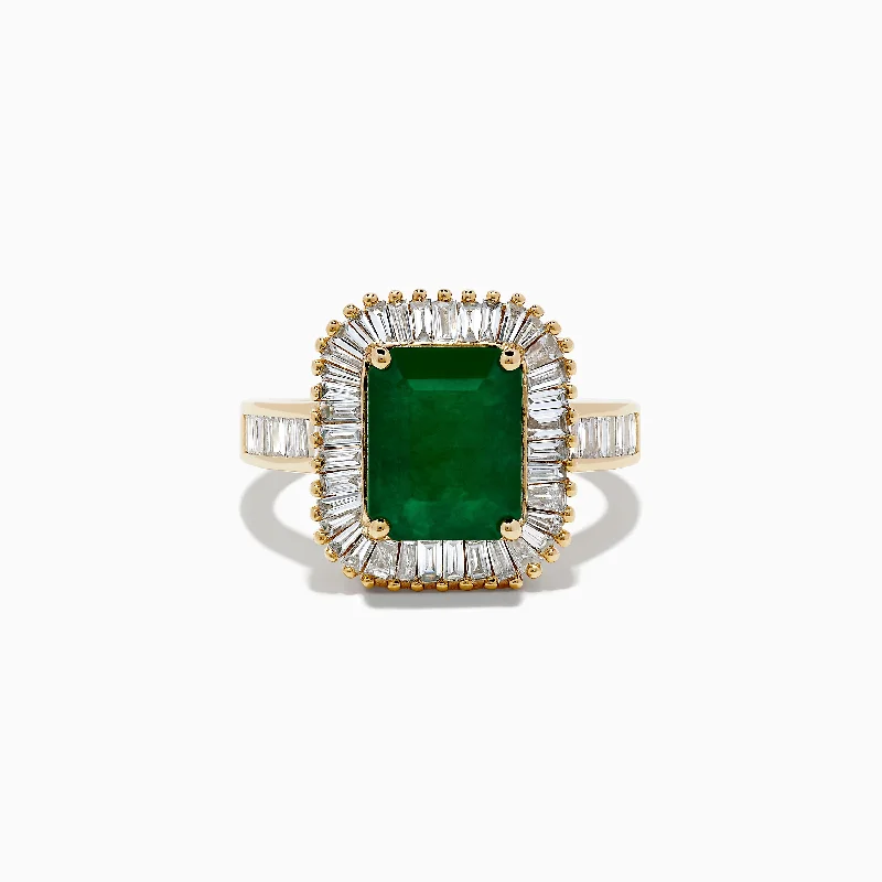 Ladies rings silk shine -Brasilica 14K Yellow Gold Emerald and Diamond Ring