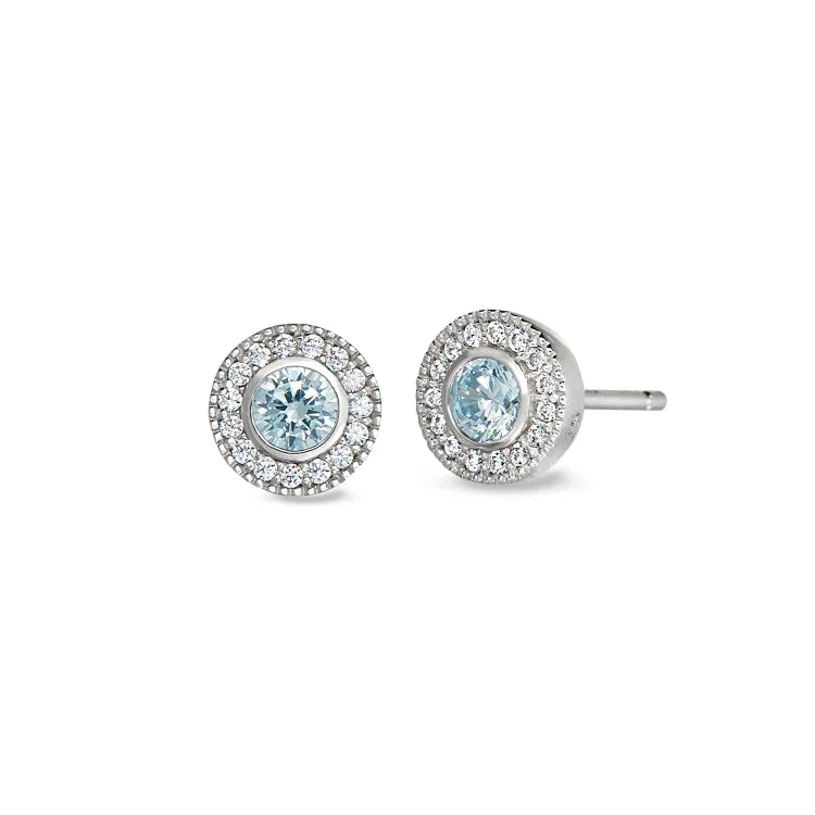 Ladies earrings vow charm pair -Platinum Finish Sterling Silver Micropave Round Simulated Aquamarine Earrings with Simulated Diamonds