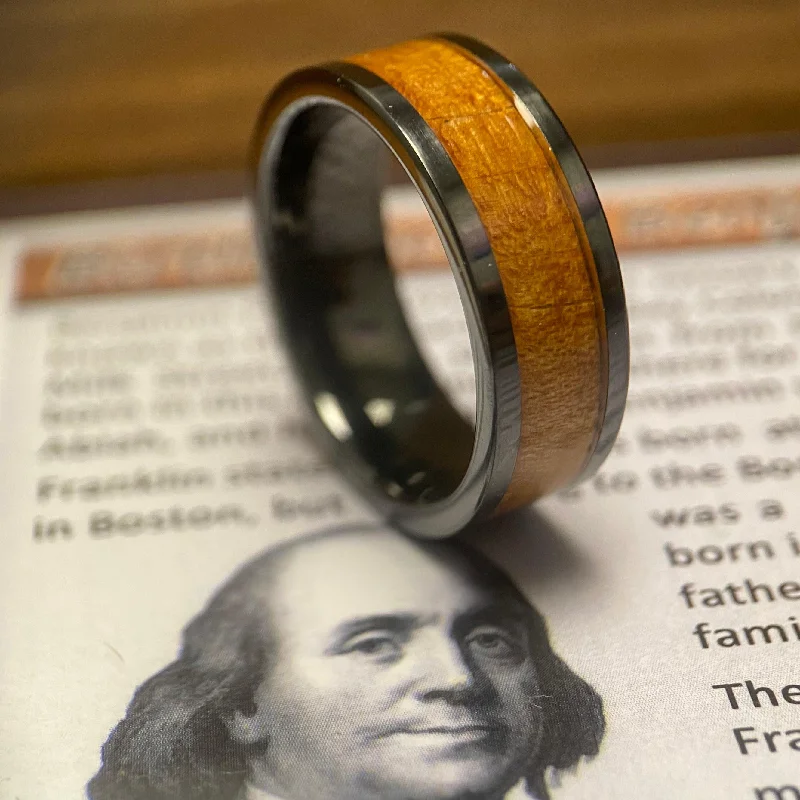 Ladies rings fame glow band -"The Franklin"100% USA Made Black Ceramic Ring With Wood From Ben Franklins Home