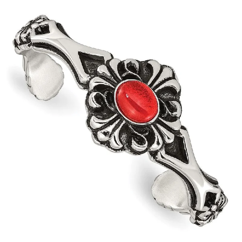 ladies bracelets modern classic-Stainless Steel Polished/Antiqued Flower Red Glass Cuff Bracelet