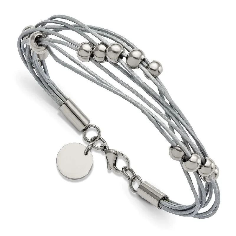 ladies bracelets organic-Stainless Steel Polished Beaded Multi-Strand Grey Leather 8in Bracelet