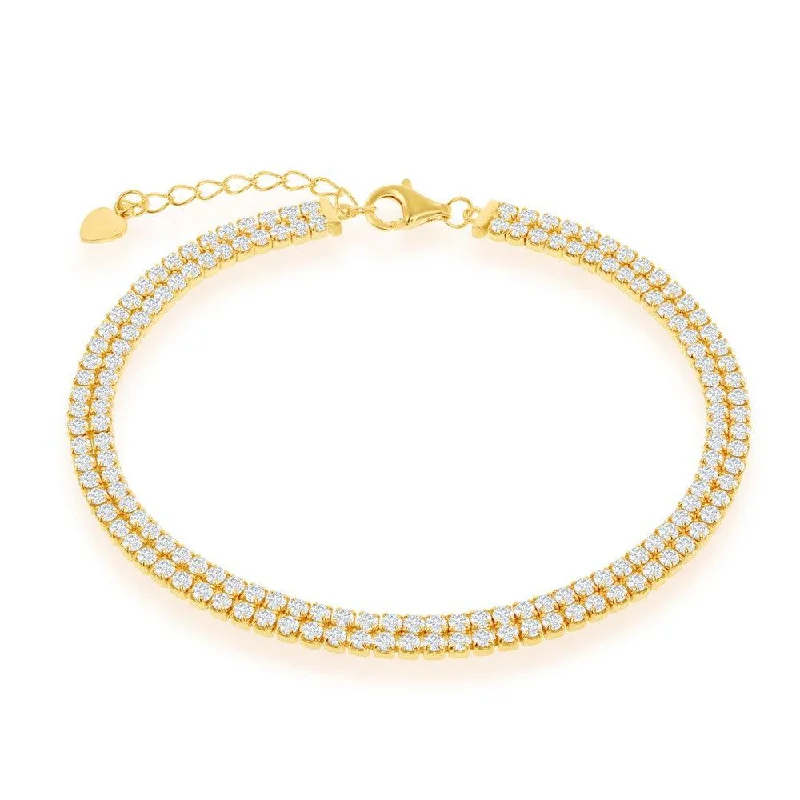 ladies bracelets display-Sterling Silver Gold Plated Double Row CZ Tennis Bracelet, 6.5"