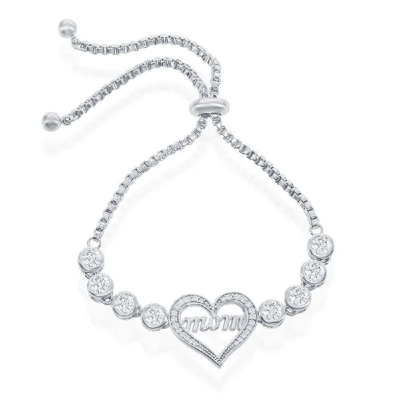 ladies bracelets cheap-Sterling Silver Center "Mom" Heart with Linked Bezel CZ Bracelet