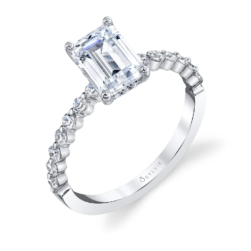 Ladies engagement rings round stone band -Sylvie Emerald Cut Engagement Ring S1P14-EM