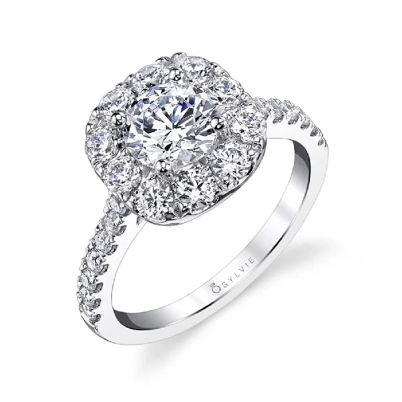 Ladies engagement rings leaf charm -Sylvie Classic Cushion Halo Engagement Ring S1299-RCH