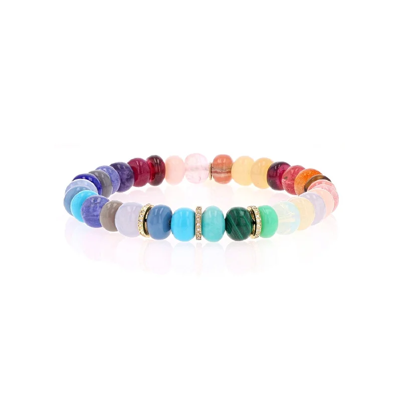 ladies bracelets bangle-14k Rainbow Gemstone Mix Bracelet with 3 Diamond Rondelles - 8mm  BG001016