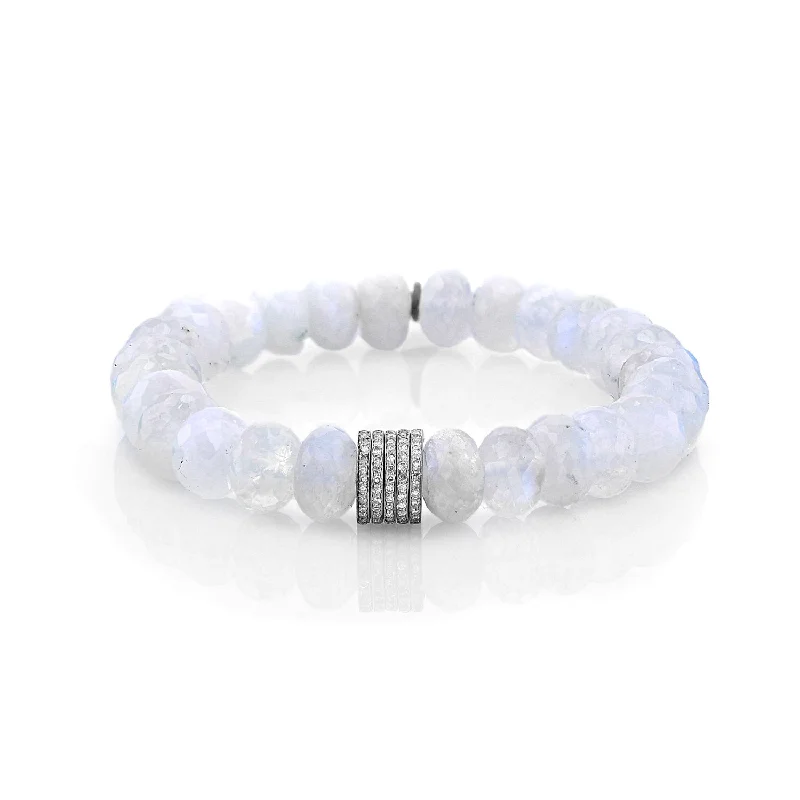 ladies bracelets love-White Rainbow Moonstone Bead Bracelet with 5 Diamond Rondelles - 10mm  B0003451