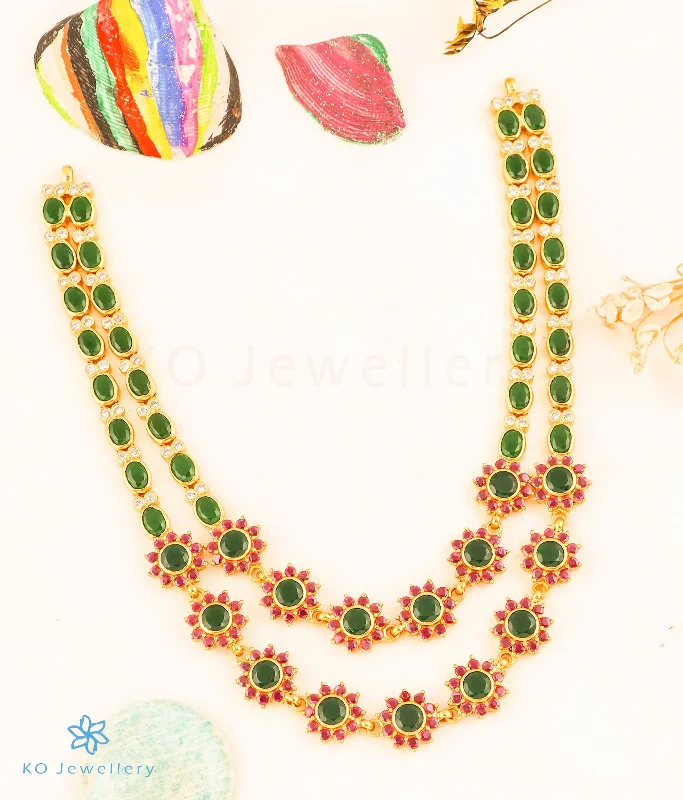 ladies necklaces 1920s-The Madhulika 2 layer Silver Kemp Necklace (Red/Green)