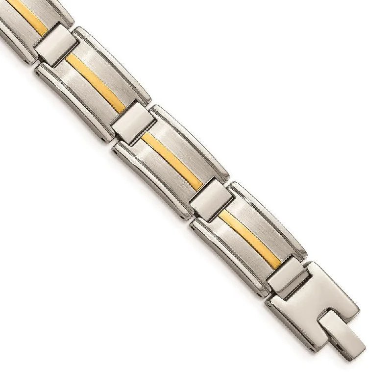 ladies bracelets seasonal-Stainless Steel Polished & Brushed w/14k Gold Link Bracelet