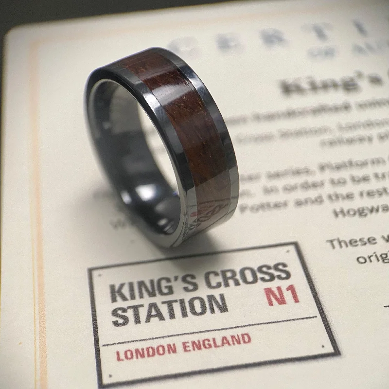 Ladies rings fair shine charm -“The H Potter” 100% USA Made Black Ceramic Ring With Wood From King's Cross Station